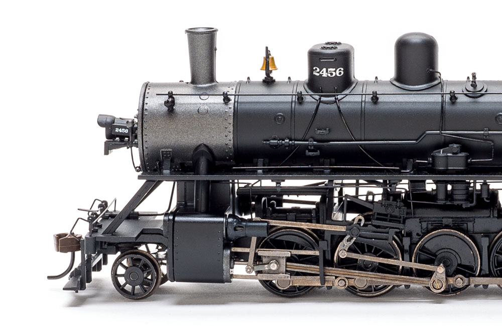 A profile view of the front of an HO scale steam locomotive model