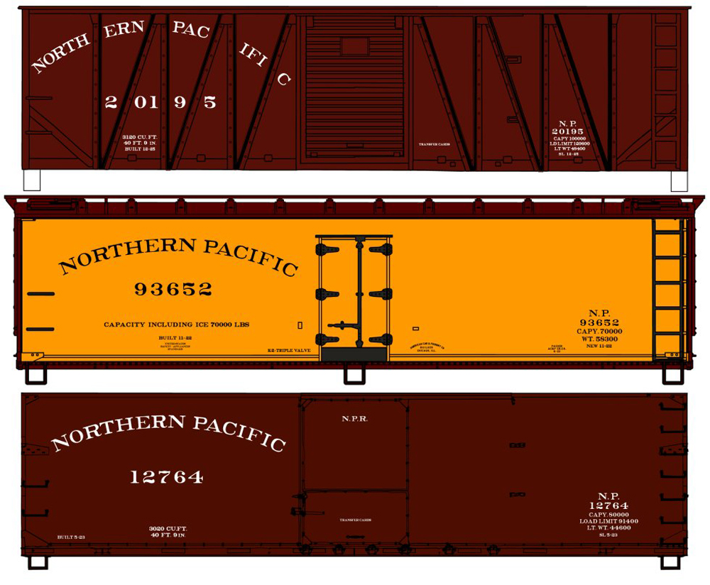 Accurail HO scale Northern Pacific 40-foot single- and double-sheathed boxcars and double-sheathed refrigerator car.