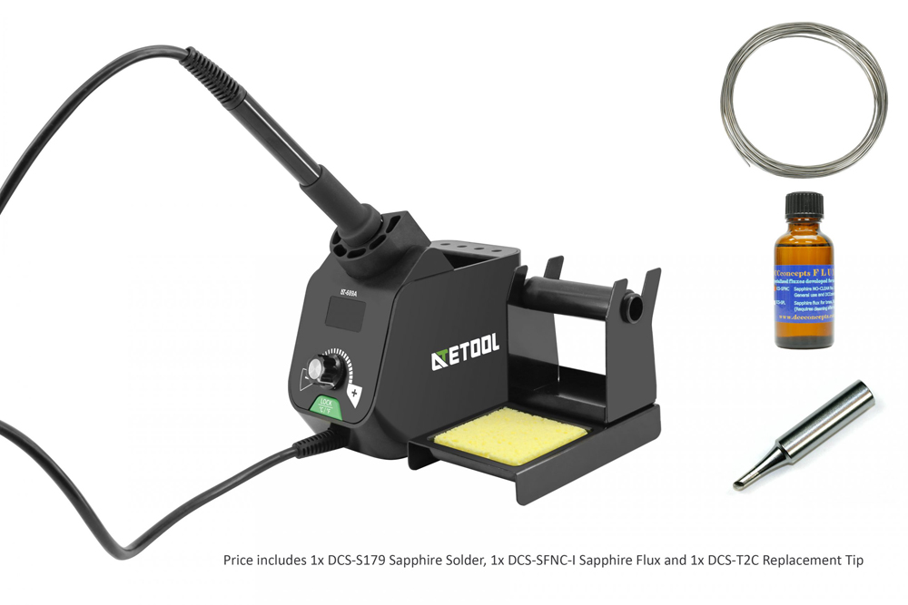 DCC Concepts 65W soldering station with solder, flux, and replacement tip.