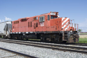 Roster shot of Independent Locomotive Service General Motors Diesel Division GP9 no. 1334 in CP Rail’s Action Red paint scheme at Crookston, Minn.