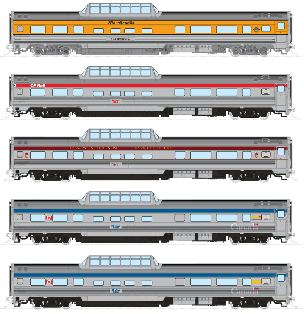 Illustration showing five paint schemes offered on the Rapido Trains HO scale mid-train dome.