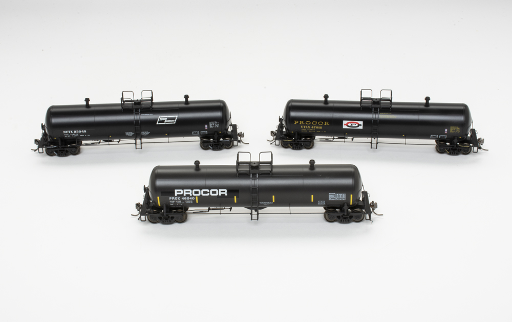 Three HO scale Procor 20,000-gallon tank cars from Rapido Trains.
