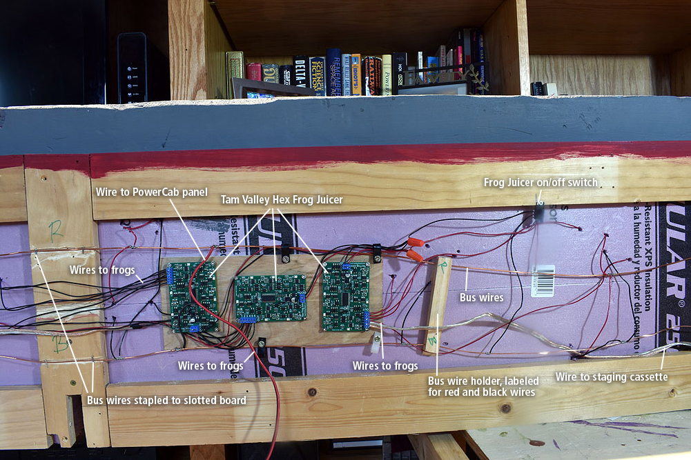 Underside of table revealing wiring