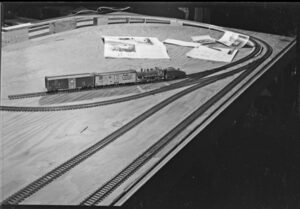 Black-and-white photo of HO scale layout