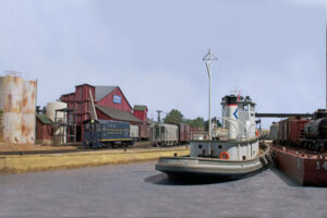 model tugboat in a harbor