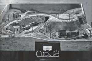 Black-and-white photo of HO scale trolley layout