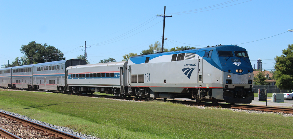 Amtrak train on track next to strip of grass