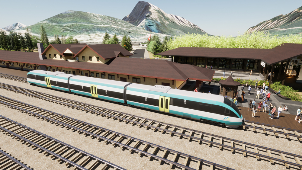 Rendering of three-car passenger train at station in mountains