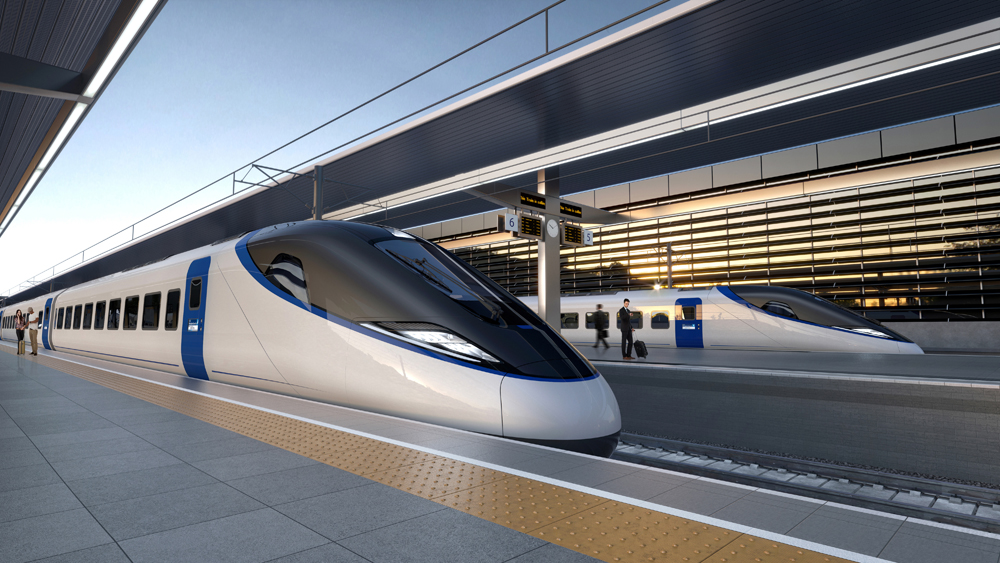 Rendering of white high speed trainsets with black and blue trim