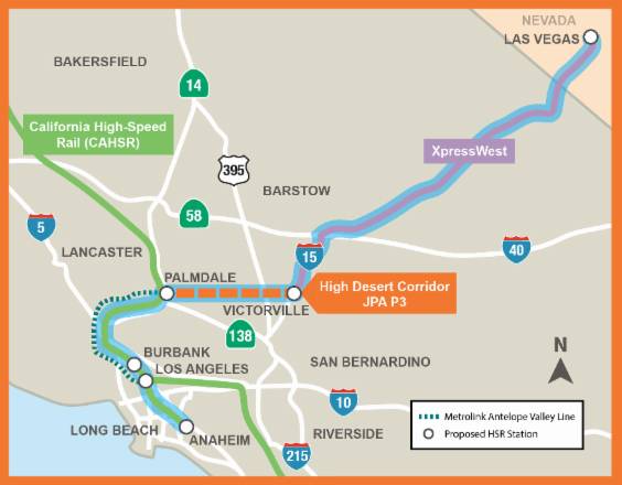 Map showing connection between Brightline West, California high speed routes