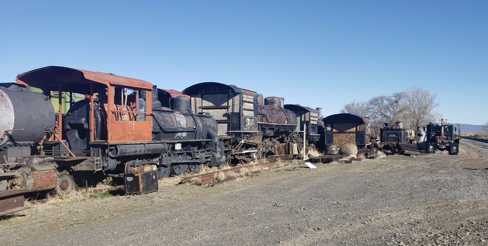 Line of steam locomotives in disrepair