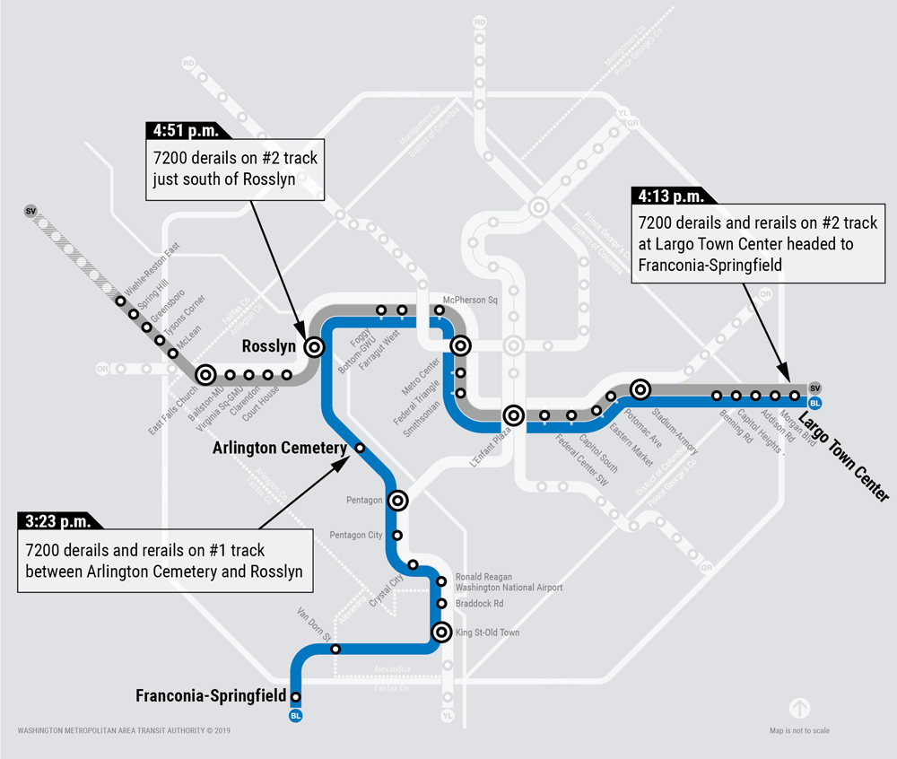 Map of DC Metrorail system showing three locations where a car derailed
