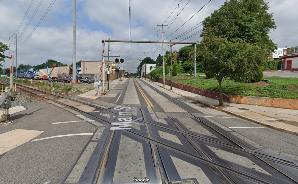 Image of location where trolley, railroad tracks cross