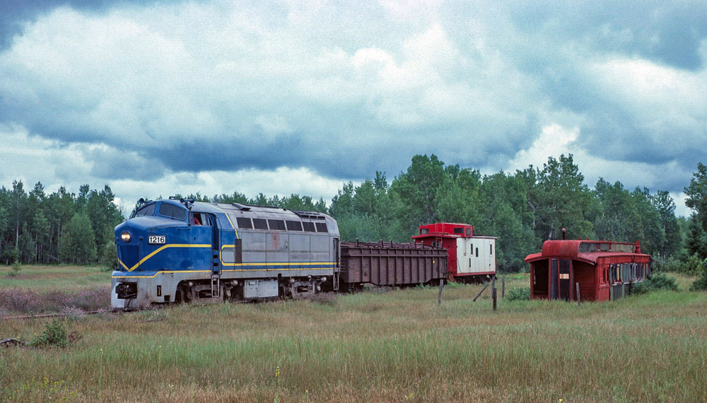 Blue and silver locomotive with one car and caboose