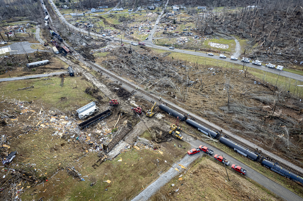 Aerial view of train derailed by tornado