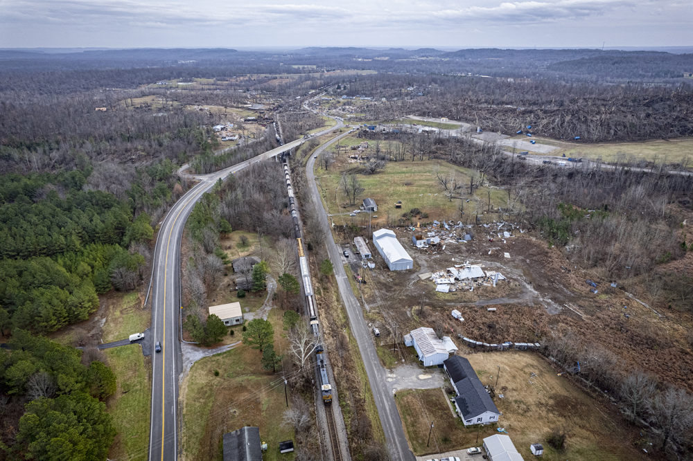 High view of derailment area showing front of train