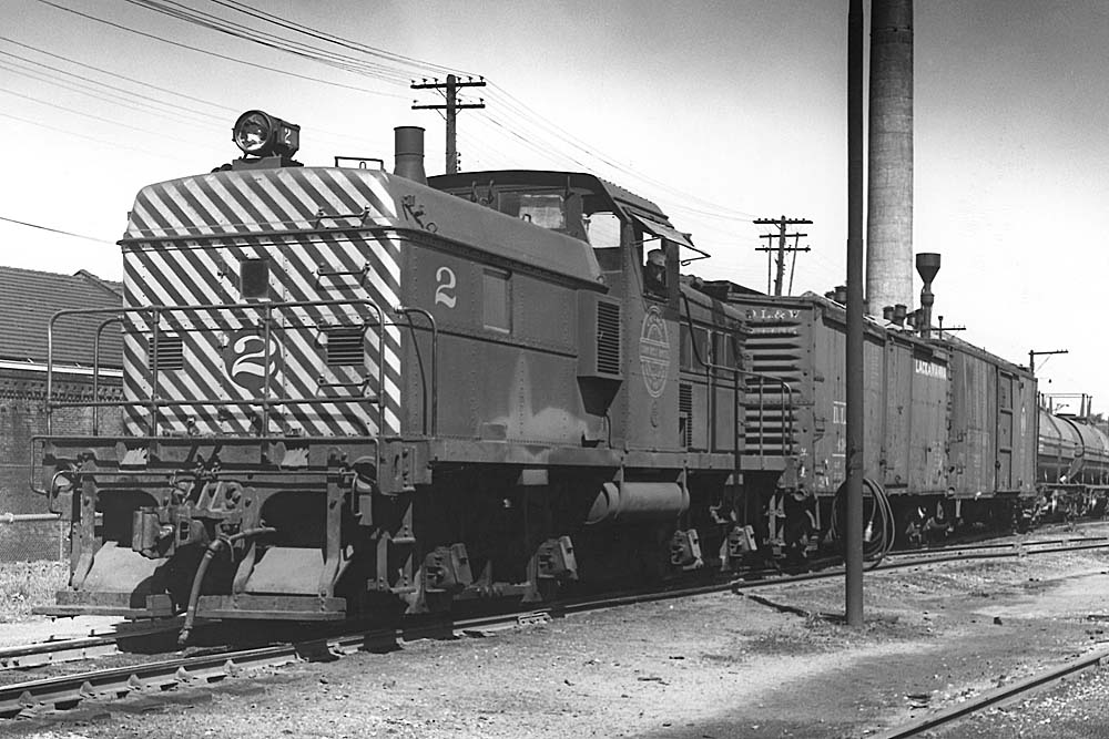 Brawny diesel locomotive with end stripes