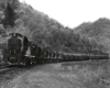 Five diesel locomotives roll a loaded coal train around a curve past some signals