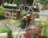 Model steam engine in a garden railway