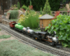 Model steam engine passes a water tower on a garden railway
