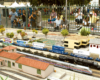 Crowd of people watching a garden railroad