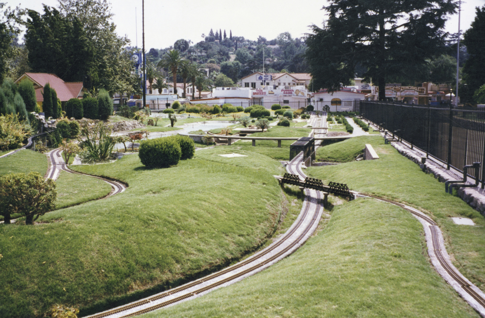 Backed-off view of a garden railroad