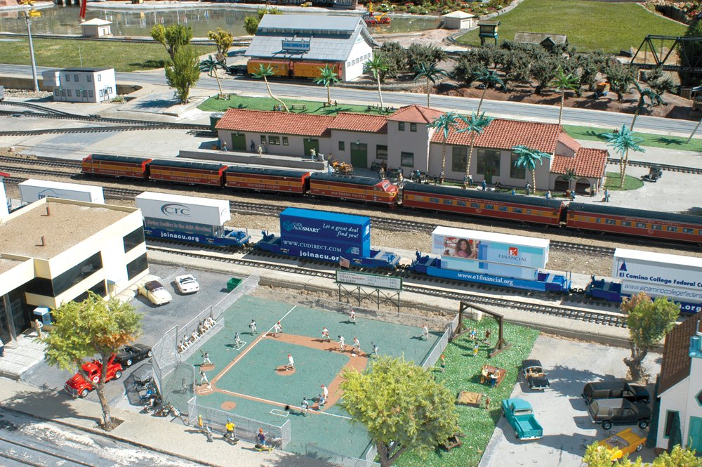 Model train station with model baseball field