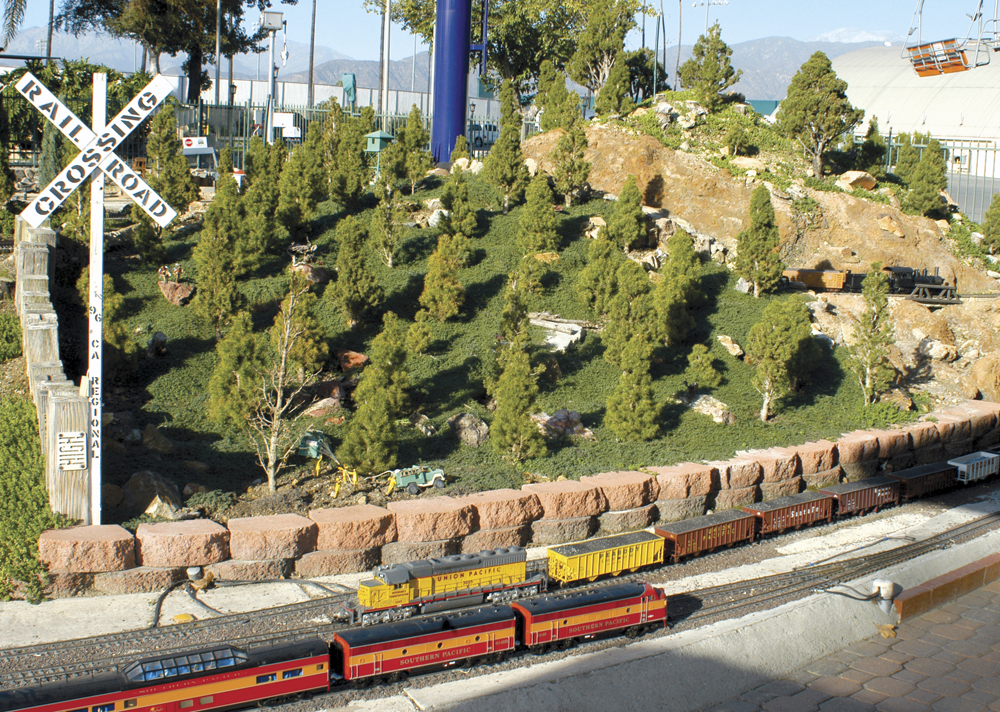 Model forest of dwarf Alberta spruce on a garden railway