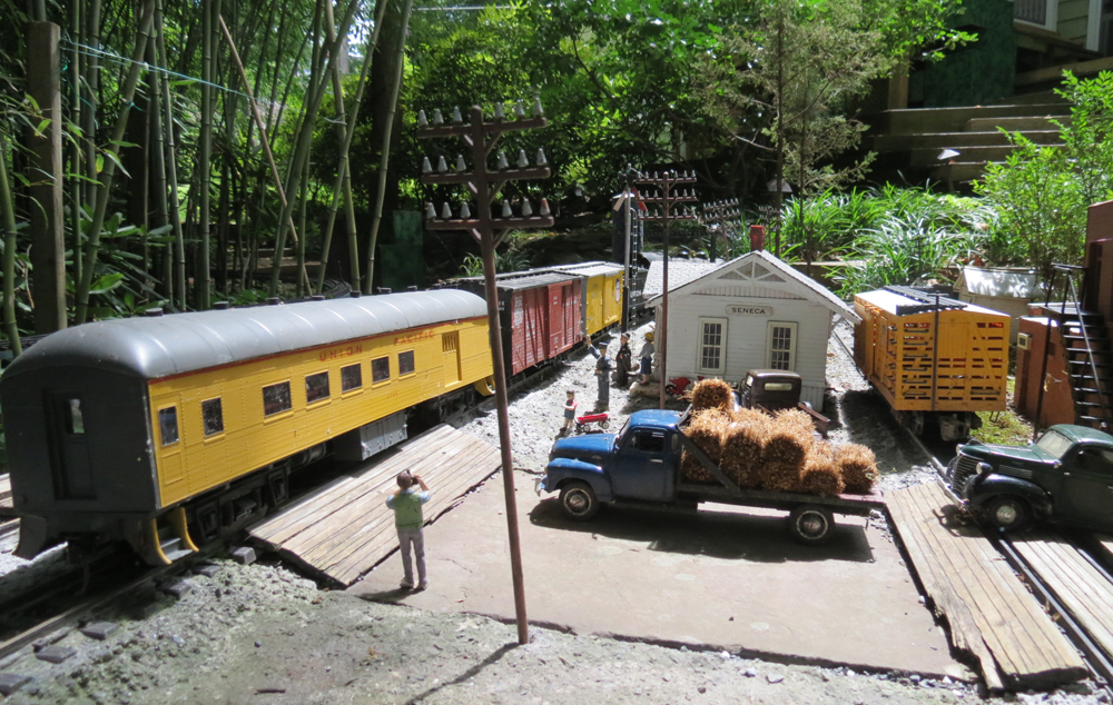 Model train next to a station