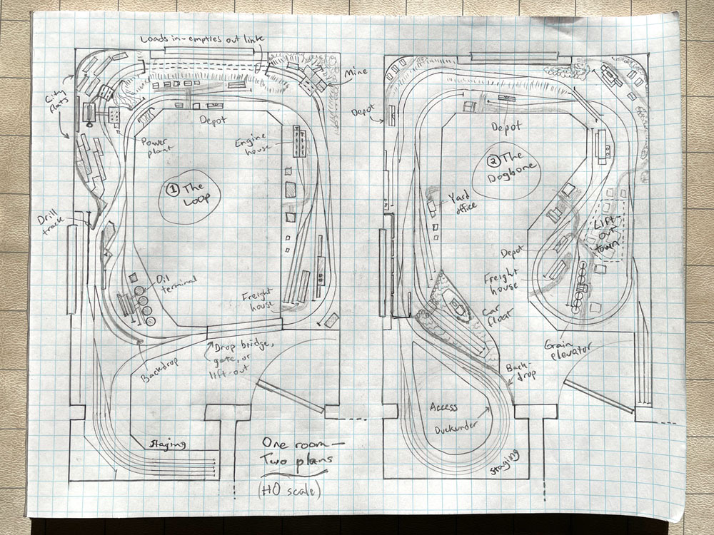 Pencil drawing of two track plans to fit a 9 x 12 spare bedroom