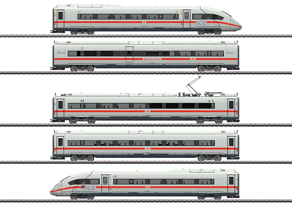 5 illustrations of a Märklin HO scale ICE 4 Class 412/812 powered railcar train.