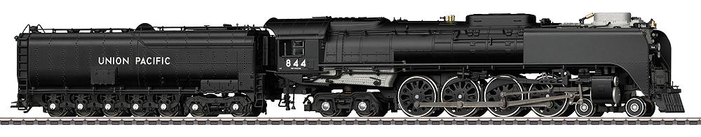 Large black steam locomotive with tender.
