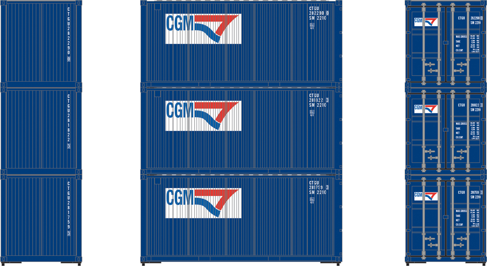 Athearn HO scale CGM 20-foot intermodal container three-pack.