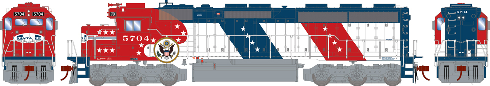 Athearn Genesis HO scale Atchison, Topeka & Santa Fe Electro-Motive Division SD45-2 diesel locomotive in American Revolution Bicentennial paint scheme