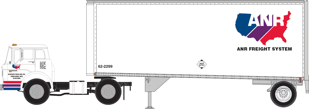 Athearn HO scale ANR Freight Systems Ford C tractor with 28-foot trailer.