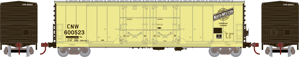 Athearn Ready-to-Roll HO scale Chicago & North Western Evans 50-foot double-plug-door boxcar no. 600523.