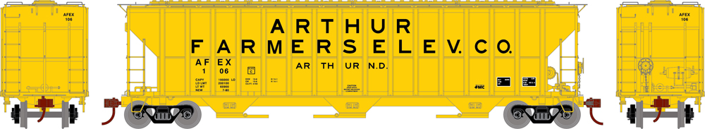 Athearn Ready-to-Roll HO scale Arthur, N.D., Farmers Elevator Co. FMC 4,700-cubic-foot capacity three-bay covered hopper no. 106