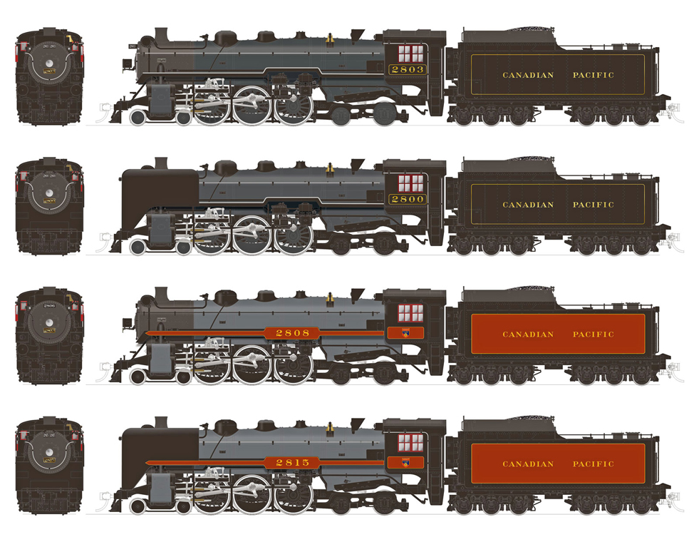 Illustration with side and nose views of four HO scale Canadian Pacific Class H1a and H1b steam locomotives from Rapido Trains.