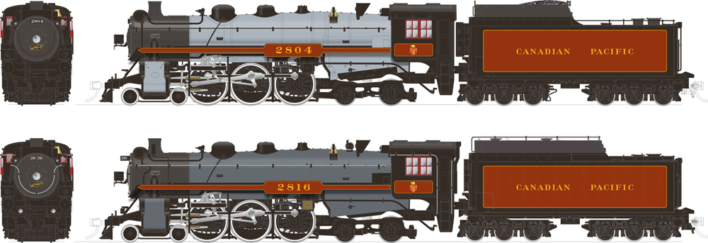 Side and nose views of HO scale Canadian Pacific Class H1a and H1b steam locomotives with beaver shield herald from Rapido Trains