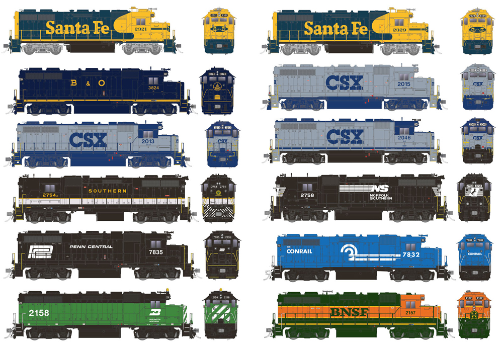 Artwork showing side and end views of 12 different Electro-Motive Division GP38 diesel locomotives from Rapido Trains