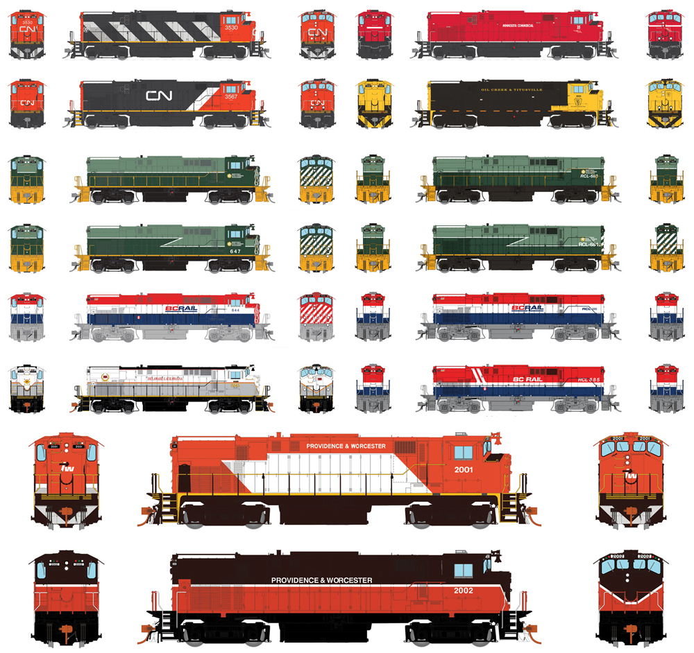 Group illustration showing different paint schemes on HO scale Montreal Locomotive Works M420W diesel locomotive from Rapido Trains.