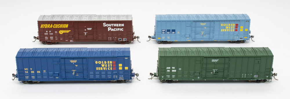 Rapido Trains HO scale Pacific Car & Foundry 5,195-cubic-foot capacity class B-100-40 boxcars decorated for Southern Pacific, Golden West Service, and Amtrak