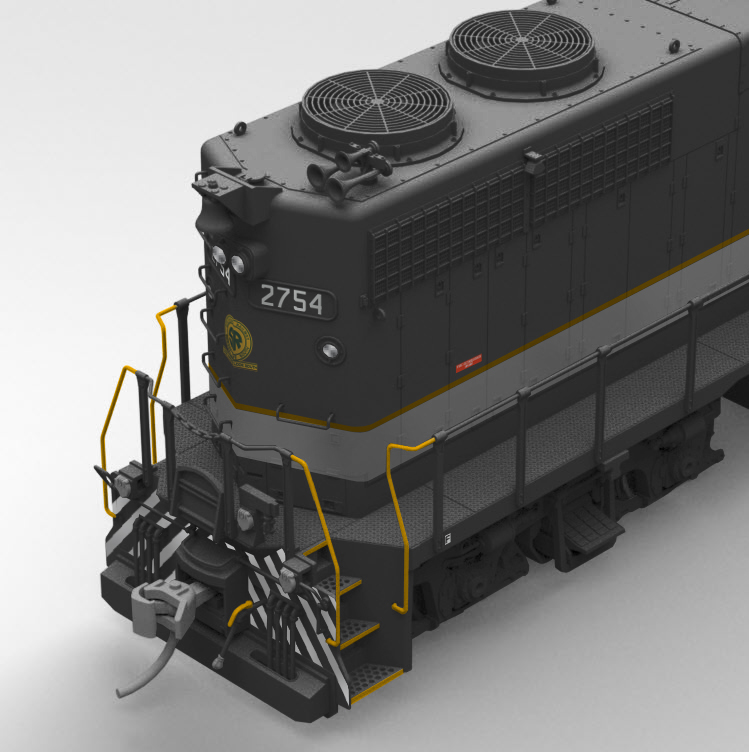 Illustration showing details on the front end of the Southern Ry. HO scale GP38 from Rapido Trains