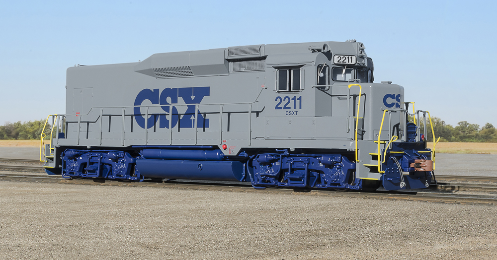Gray and blue-painted locomotive.
