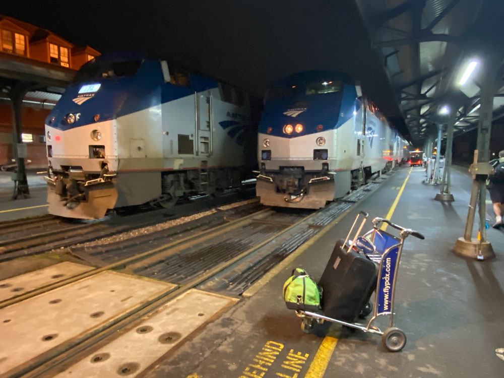 Two silver passenger trains on plaform with luggage on cart in foreground