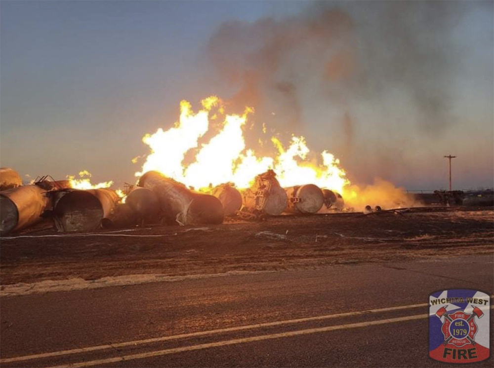 Burning tank cars near highway