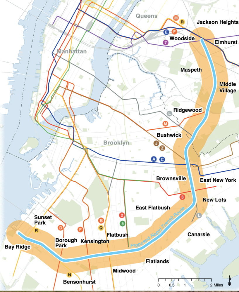 Map of proposed transit line connecting Brooklyn and Queens, showing possible connections with other transit