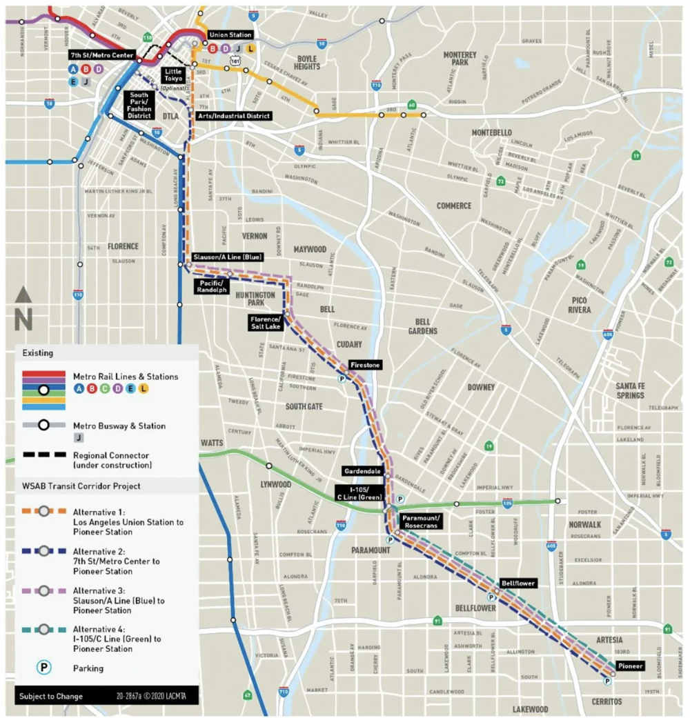 Map of light rail line to be built in Los Angeles County