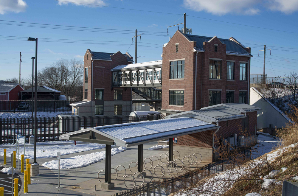 Brick station structure with bridge