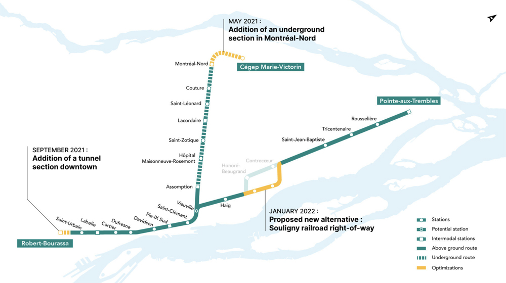 Map highlighting changes on Montreal light rail project